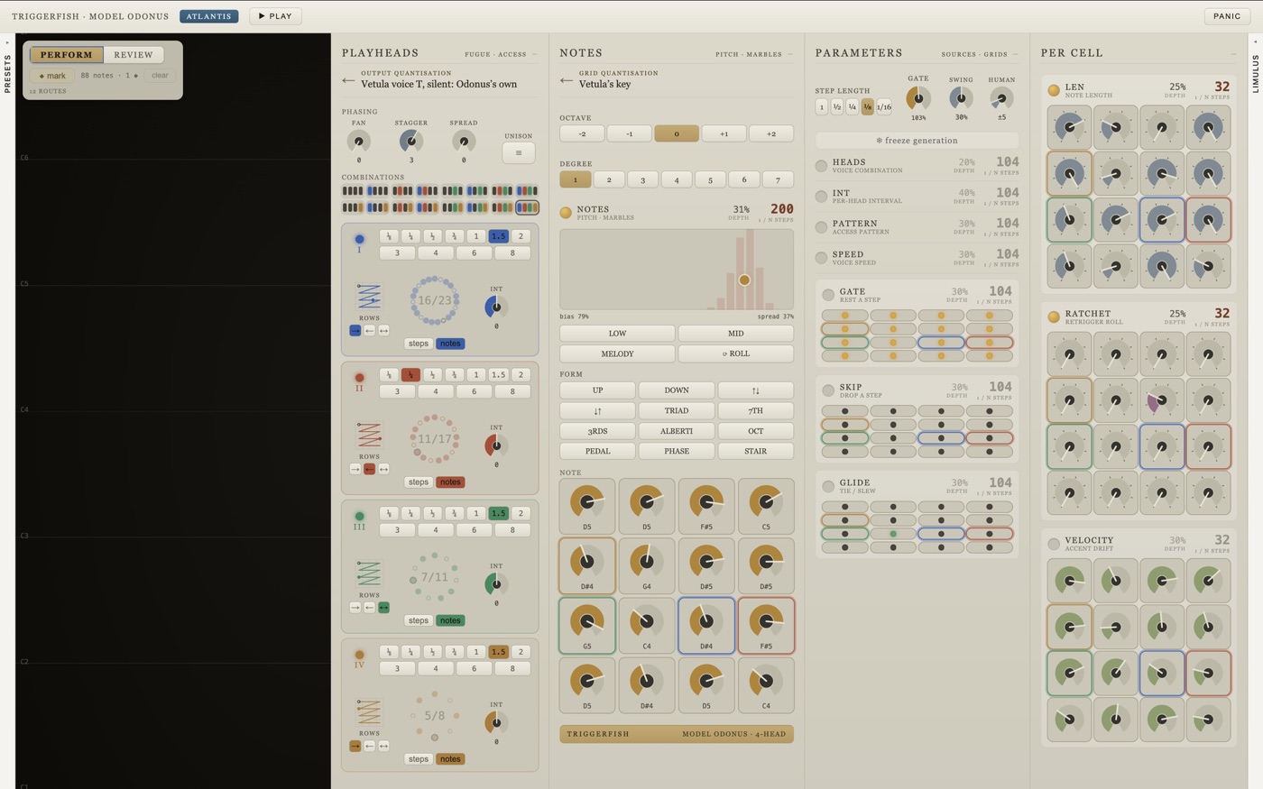 Odonus: four playheads, the notes grid, and per-cell length, ratchet and velocity